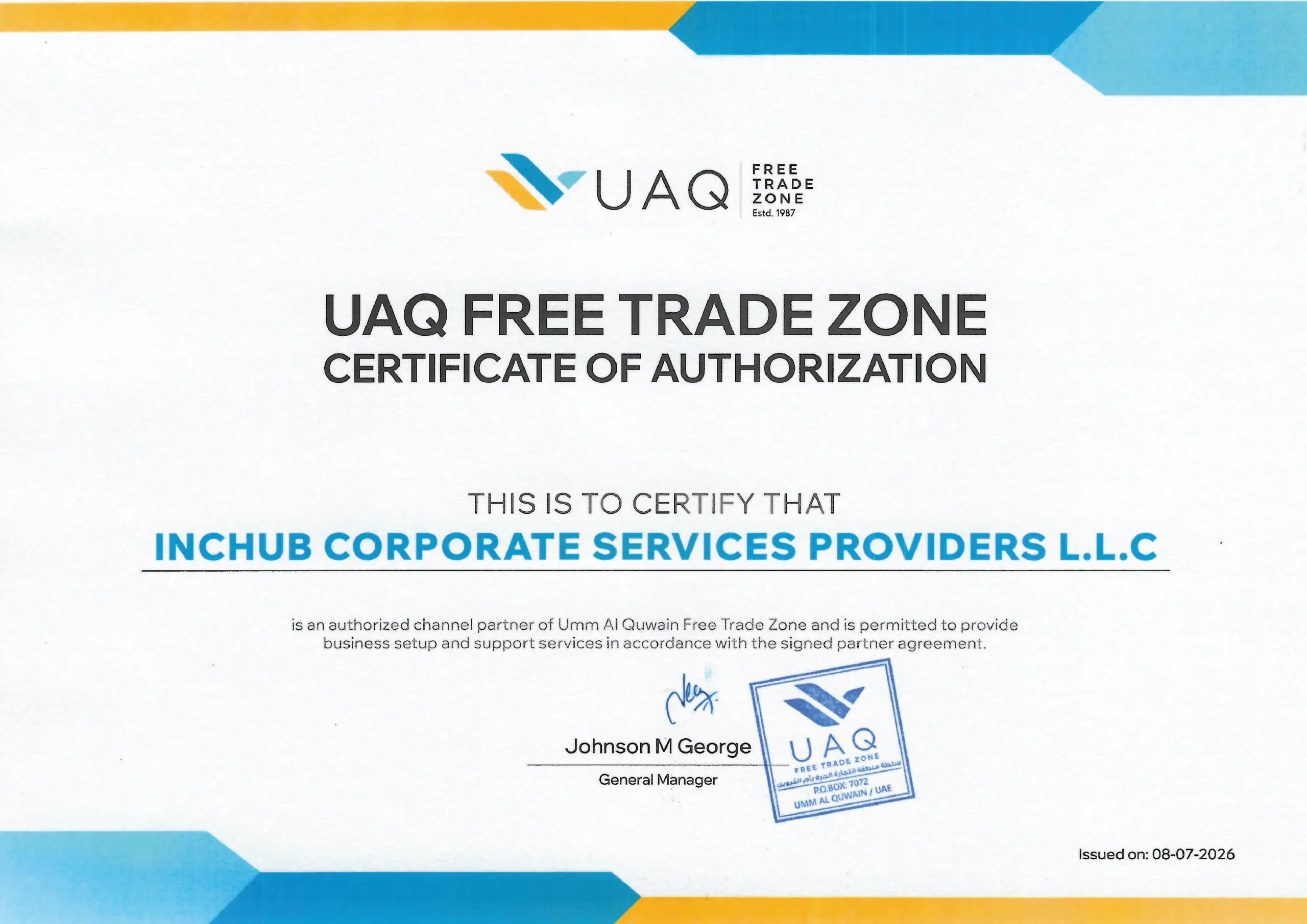 IncHub Umm Al Quwain Free Trade Zone certificate of authorization